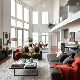 A sophisticated and modern apartment interior featured in the magazine "The Jubilee Chronicles", showcasing an open-concept living area filled with luxury design elements