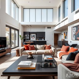 A sophisticated and modern apartment interior featured in the magazine "The Jubilee Chronicles", showcasing an open-concept living area filled with luxury design elements