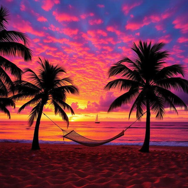 A beautiful sunset over a serene beach, with vibrant orange, pink, and purple hues filling the sky