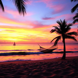 A beautiful sunset over a serene beach, with vibrant orange, pink, and purple hues filling the sky