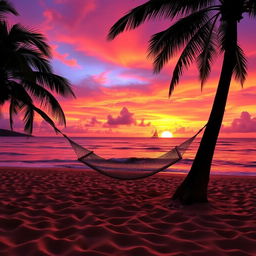 A beautiful sunset over a serene beach, with vibrant orange, pink, and purple hues filling the sky