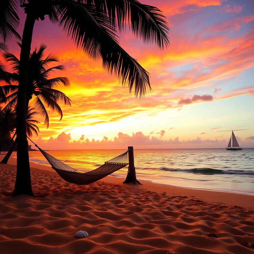 A beautiful sunset over a serene beach, with vibrant orange, pink, and purple hues filling the sky