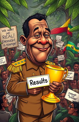 A satirical cartoon depiction of a dictatorial figure resembling an African leader, in a colorful political cartoon style