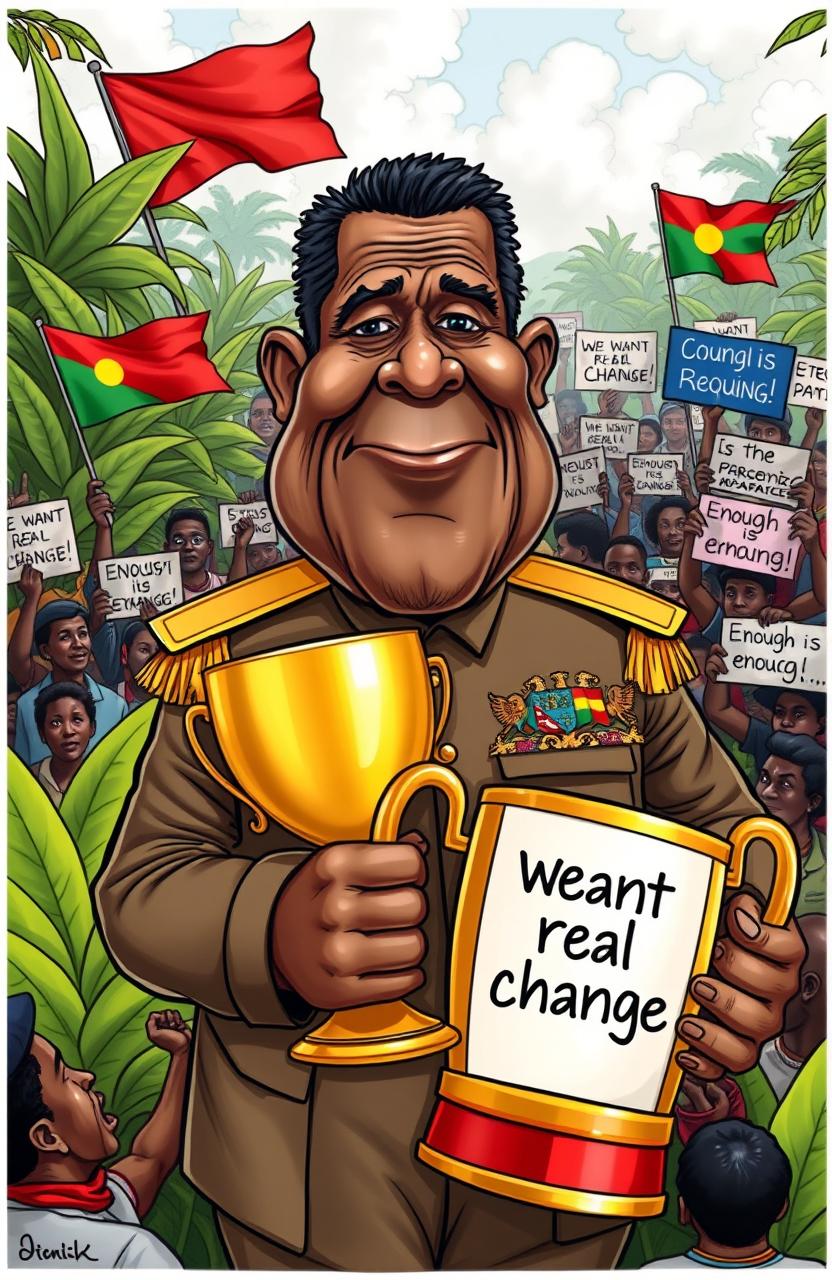 A satirical cartoon depiction of a dictatorial figure resembling an African leader, in a colorful political cartoon style