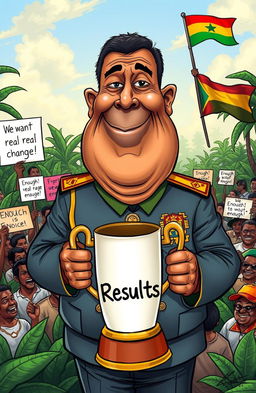A satirical cartoon depiction of a dictatorial figure resembling an African leader, in a colorful political cartoon style