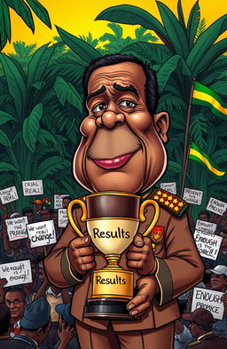 A satirical cartoon depiction of a dictatorial figure resembling an African leader, in a colorful political cartoon style