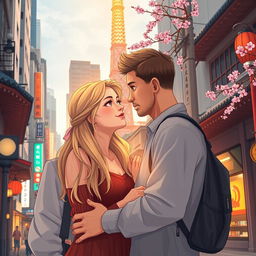A touching scene illustrating a man on a transformative training journey in Japan, where he encounters Kariin Tiitar, a captivating, blonde woman from Estonia