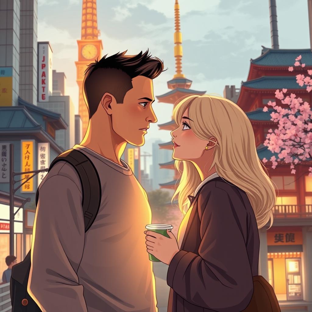 A touching scene illustrating a man on a transformative training journey in Japan, where he encounters Kariin Tiitar, a captivating, blonde woman from Estonia