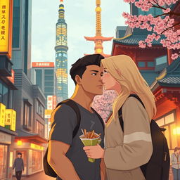 A touching scene illustrating a man on a transformative training journey in Japan, where he encounters Kariin Tiitar, a captivating, blonde woman from Estonia