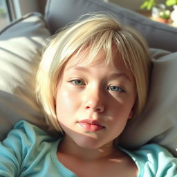 A light-skinned girl with light cream or golden short hair, wearing a light turquoise top, lying comfortably on a couch