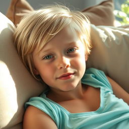 A light-skinned girl with light cream or golden short hair, wearing a light turquoise top, lying comfortably on a couch
