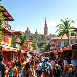 A vibrant and picturesque travel scene showcasing a bustling city street filled with tourists, vibrant local shops, and street performers