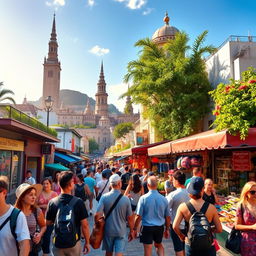 A vibrant and picturesque travel scene showcasing a bustling city street filled with tourists, vibrant local shops, and street performers