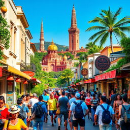 A vibrant and picturesque travel scene showcasing a bustling city street filled with tourists, vibrant local shops, and street performers