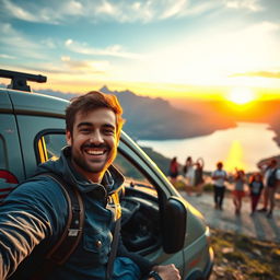 A cheerful and adventurous e25 van driver, showcasing the vibrant colors of a picturesque tourist destination