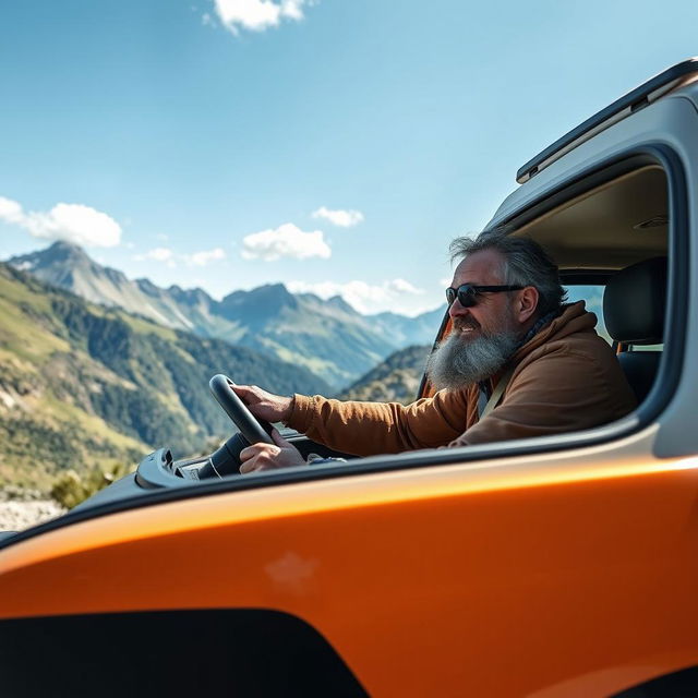 A rugged, adventurous van driver in a Caravane25 van, navigating through a picturesque mountain landscape