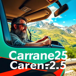 A rugged, adventurous van driver in a Caravane25 van, navigating through a picturesque mountain landscape