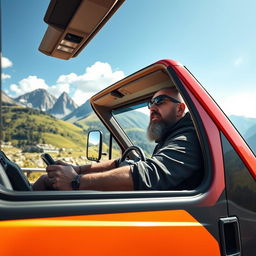 A rugged, adventurous van driver in a Caravane25 van, navigating through a picturesque mountain landscape