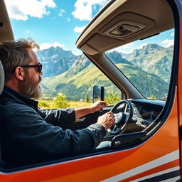 A rugged, adventurous van driver in a Caravane25 van, navigating through a picturesque mountain landscape