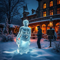 A captivating winter scene set in the picturesque garden of Chateau du Lac Genval, near the Bosque de Soignes in Brussels