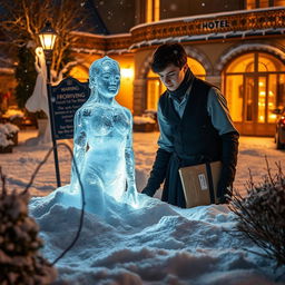 A captivating winter scene set in the picturesque garden of Chateau du Lac Genval, near the Bosque de Soignes in Brussels