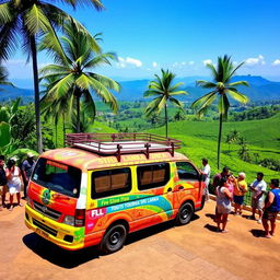 A vibrant and colorful tourism van parked in a picturesque location in Sri Lanka, surrounded by lush green tropical vegetation and palm trees