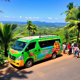 A vibrant and colorful tourism van parked in a picturesque location in Sri Lanka, surrounded by lush green tropical vegetation and palm trees