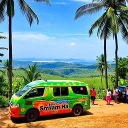 A vibrant and colorful tourism van parked in a picturesque location in Sri Lanka, surrounded by lush green tropical vegetation and palm trees