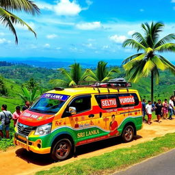 A vibrant and colorful tourism van parked in a picturesque location in Sri Lanka, surrounded by lush green tropical vegetation and palm trees