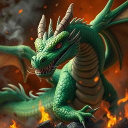 A fierce dragon with vibrant green scales, leaning forward aggressively, showing its sharp teeth and glaring with one fierce eye while winking playfully with the other