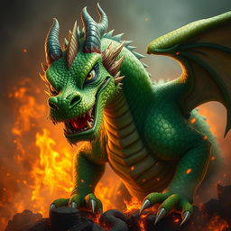 A fierce dragon with vibrant green scales, leaning forward aggressively, showing its sharp teeth and glaring with one fierce eye while winking playfully with the other