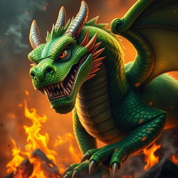 A fierce dragon with vibrant green scales, leaning forward aggressively, showing its sharp teeth and glaring with one fierce eye while winking playfully with the other