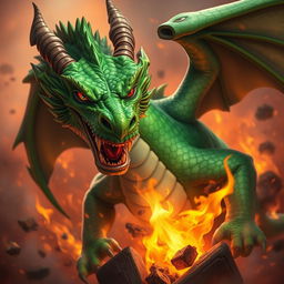 A fierce dragon with vibrant green scales, leaning forward aggressively, showing its sharp teeth and glaring with one fierce eye while winking playfully with the other