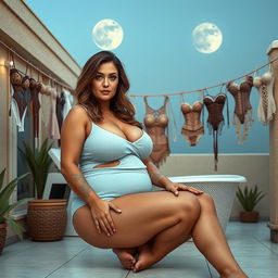 A full-body image of a beautiful and sexy 45-year-old mature woman (MILF) with long wavy brown hair and captivating cyan eyes