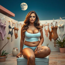 A full-body image of a beautiful and sexy 45-year-old mature woman (MILF) with long wavy brown hair and captivating cyan eyes