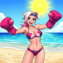 A dynamic and playful illustration of Gwenpool, a comic book character, at the beach