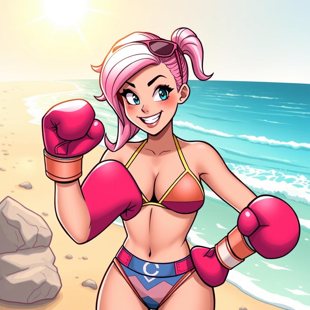 A dynamic and playful illustration of Gwenpool, a comic book character, at the beach