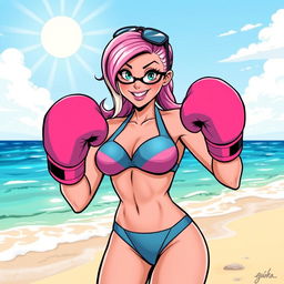 A dynamic and playful illustration of Gwenpool, a comic book character, at the beach