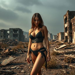 A hot girl in revealing black lingerie, exuding confidence and allure, stands amidst a post-apocalyptic environment