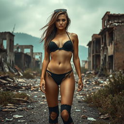 A hot girl in revealing black lingerie, exuding confidence and allure, stands amidst a post-apocalyptic environment