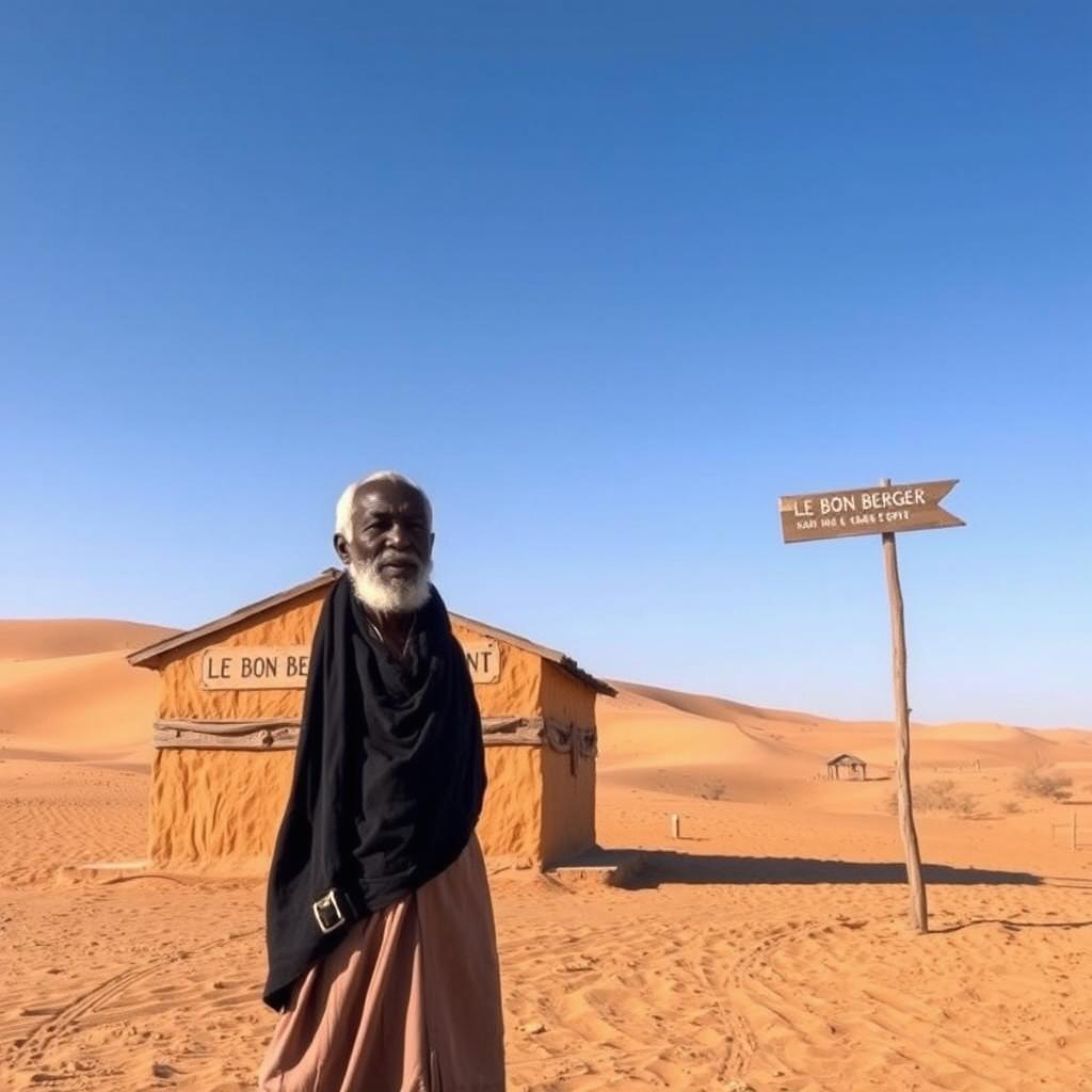 A serene scene capturing the essence of 'Le Bon Berger', a small desert inn located in the Sahel region of West Africa, near the border of Ivory Coast, Mali, and Guinea