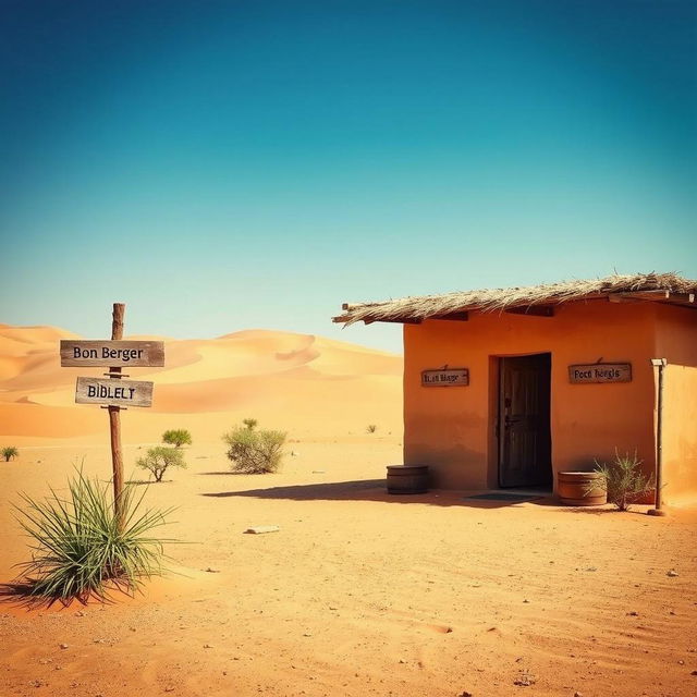 A serene scene capturing the essence of 'Le Bon Berger', a small desert inn located in the Sahel region of West Africa, near the border of Ivory Coast, Mali, and Guinea