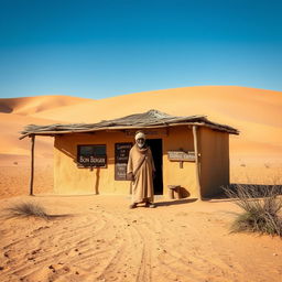 A serene scene capturing the essence of 'Le Bon Berger', a small desert inn located in the Sahel region of West Africa, near the border of Ivory Coast, Mali, and Guinea