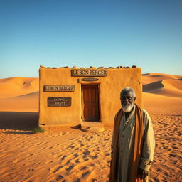 A serene scene capturing the essence of 'Le Bon Berger', a small desert inn located in the Sahel region of West Africa, near the border of Ivory Coast, Mali, and Guinea