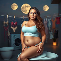 A full-body image of a beautiful and sexy 45-year-old mature woman (MILF) with long wavy brown hair and enchanting cyan eyes