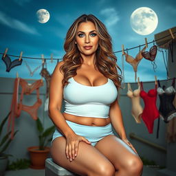 A full-body image of a beautiful and sexy 45-year-old mature woman (MILF) with long wavy brown hair and enchanting cyan eyes
