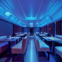 Futuristic restaurant containing six dining tables and a sofa, all bathed in dimmed, atmospheric lighting for a more intimate ambiance.