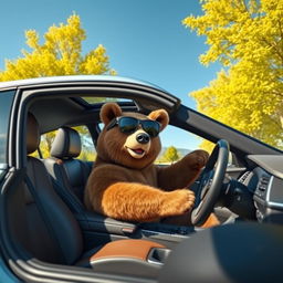 A charming scene depicting a brown bear driving a sleek BMW car