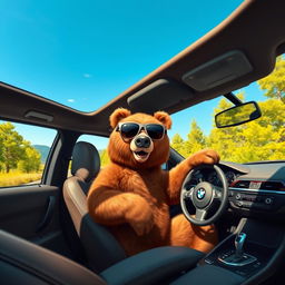 A charming scene depicting a brown bear driving a sleek BMW car