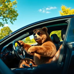 A charming scene depicting a brown bear driving a sleek BMW car
